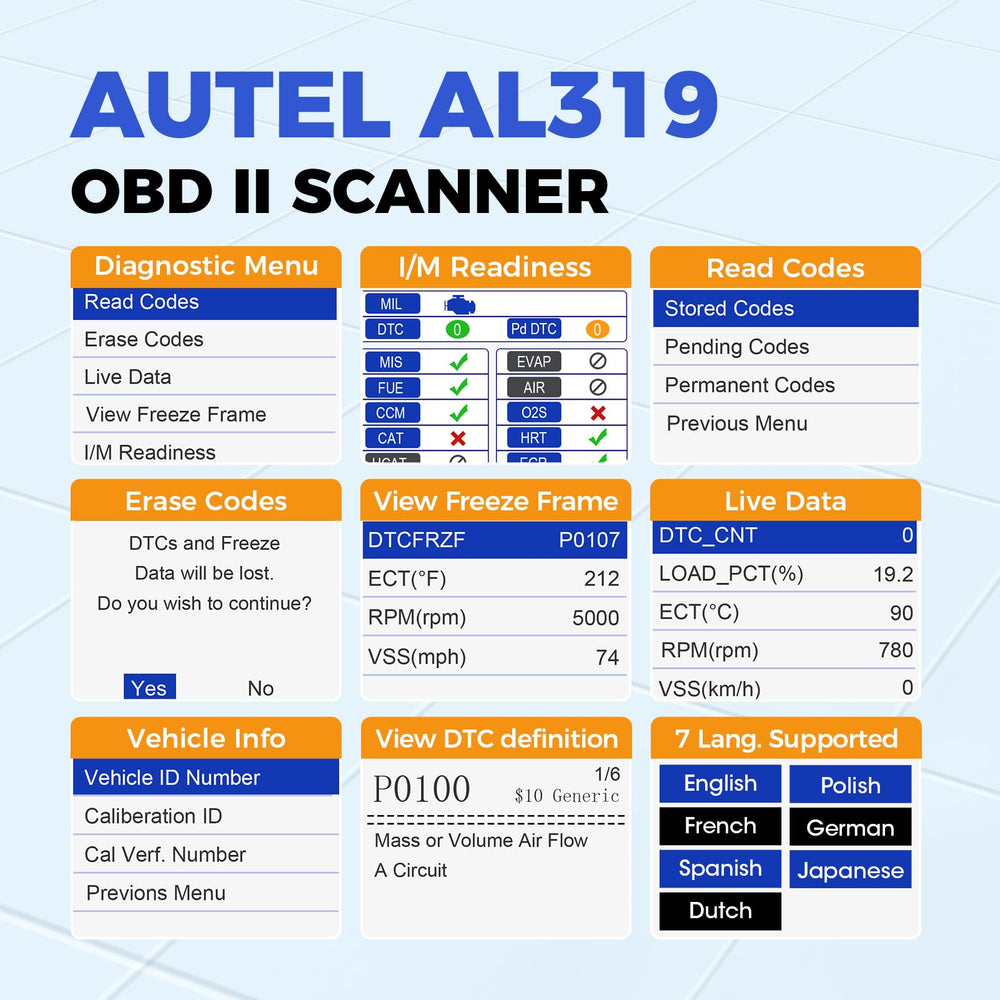 Autel AL319 rear connector and OBD-II plug for reliable vehicle connection