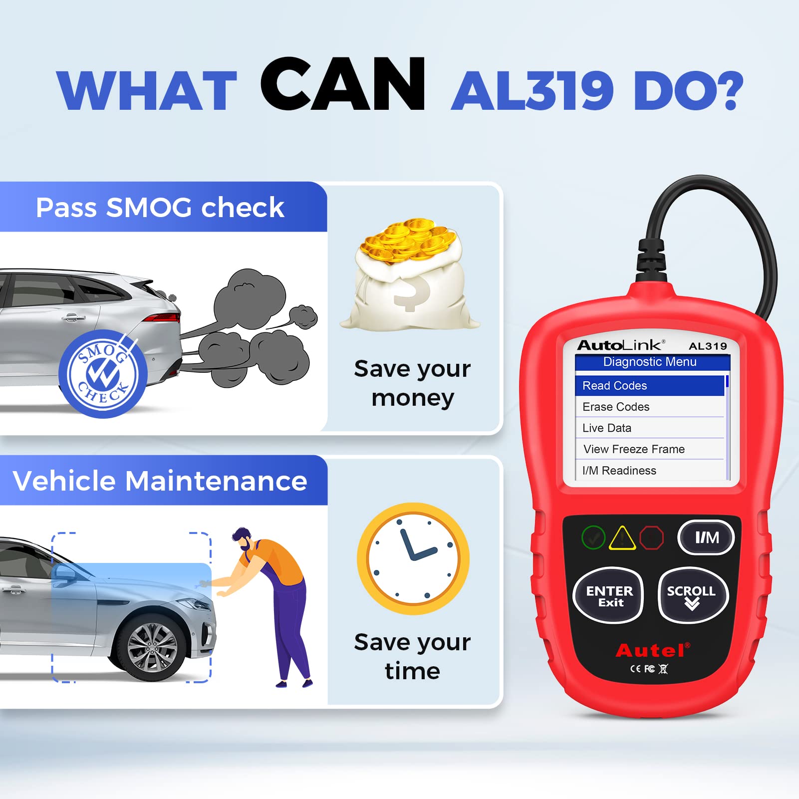 Autel AL319 plugged into car dash diagnosing engine codes for fast checks
