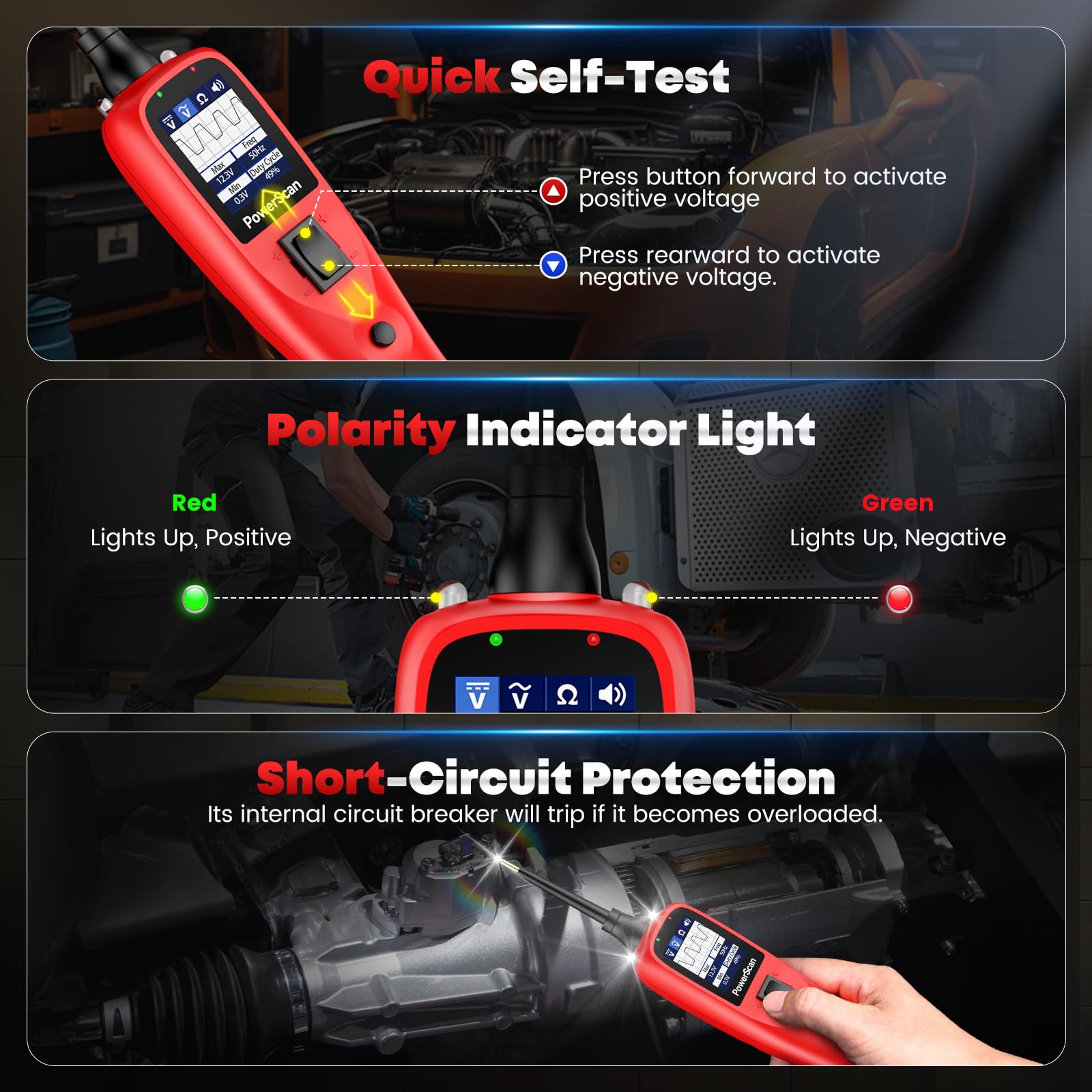 Autel PowerScan reaching deep engine bay to test wiring without disconnecting parts