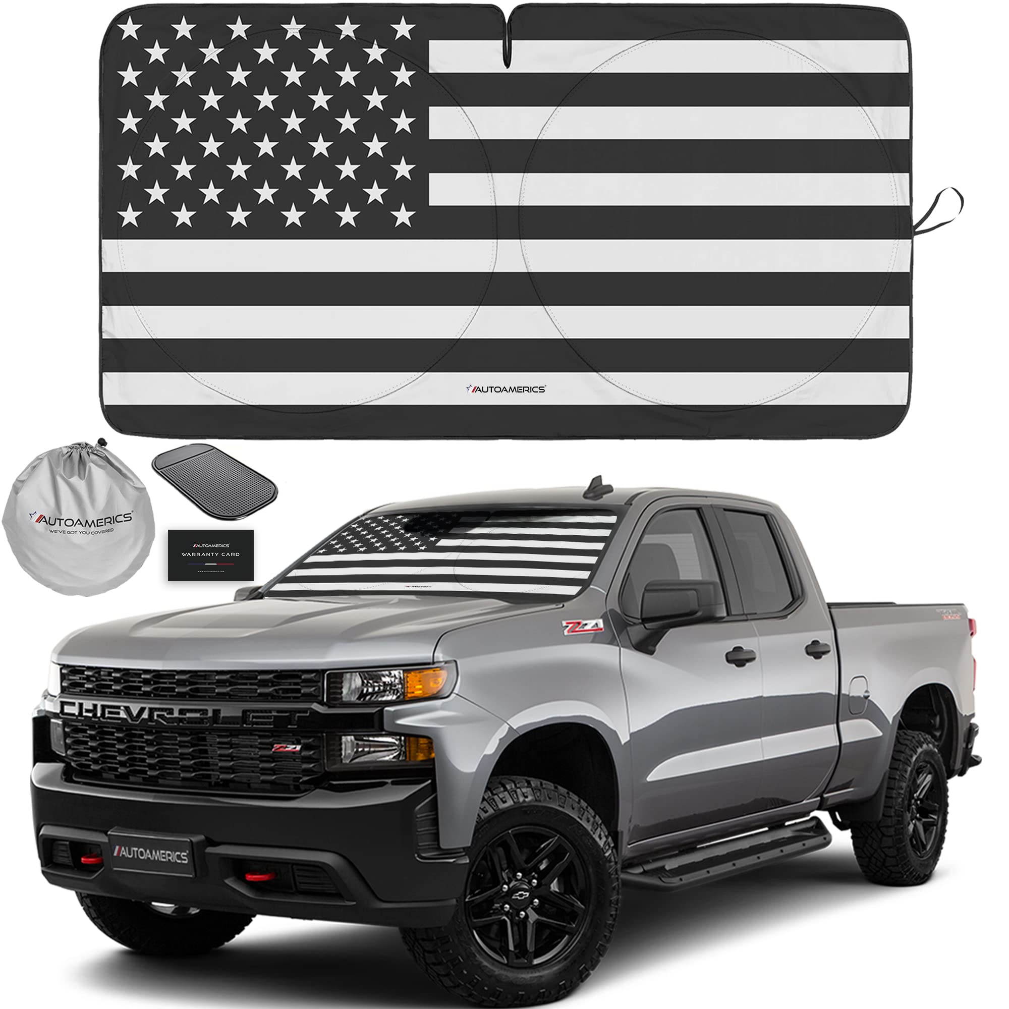 AUTOAMERICS front view of American flag sun shade showing full coverage and bold design