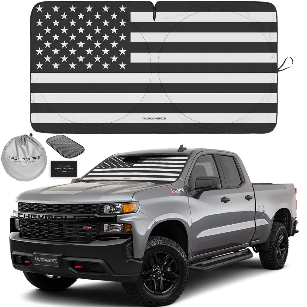 AUTOAMERICS front view of American flag sun shade showing full coverage and bold design