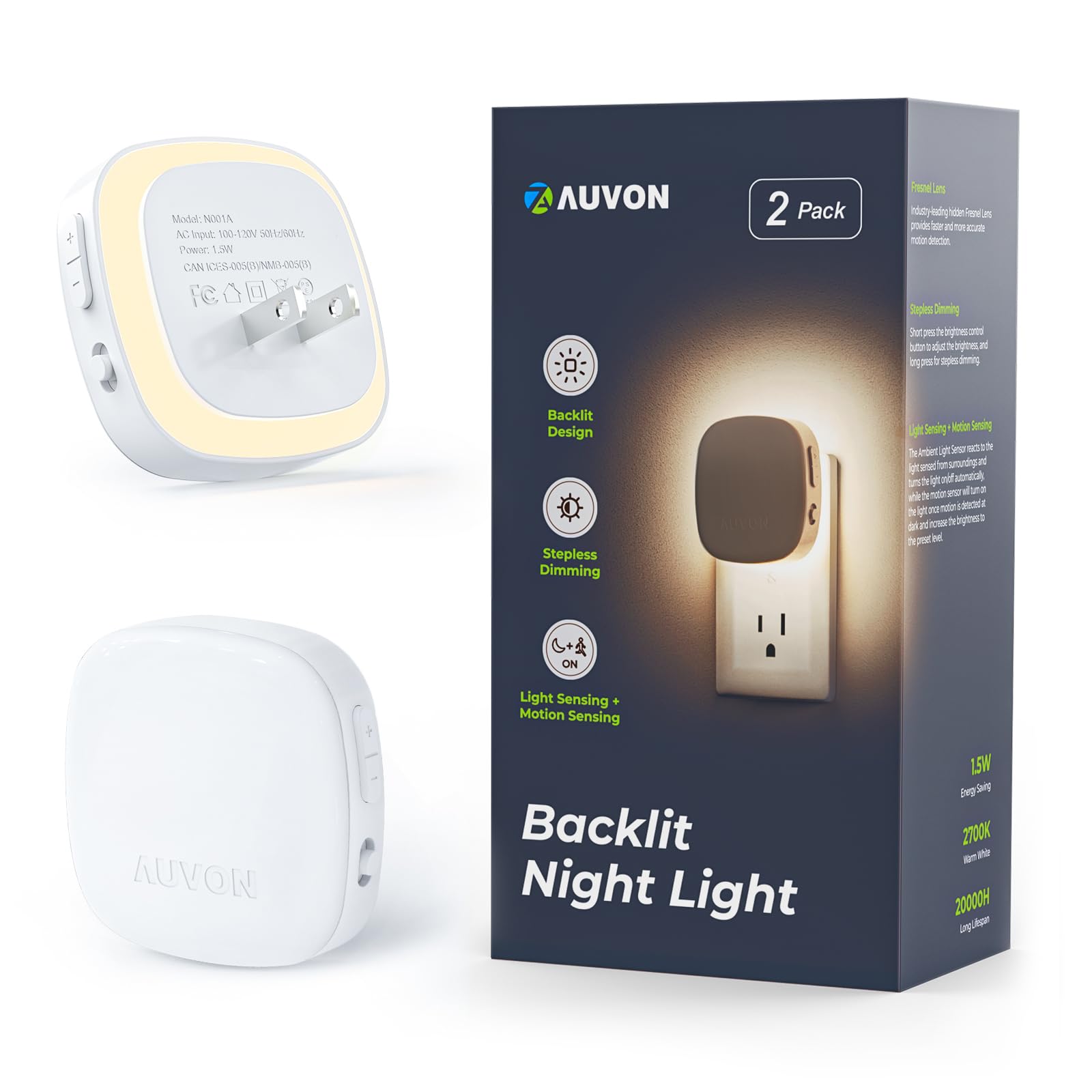 AUVON front view plugged into outlet showing soft glow for safe navigation