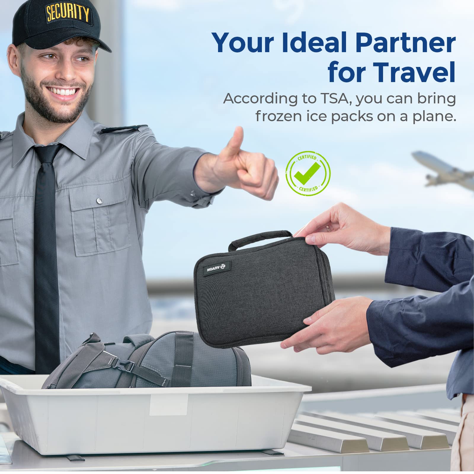 AUVON cooler on airport seat demonstrating TSA-friendly carry and travel convenience
