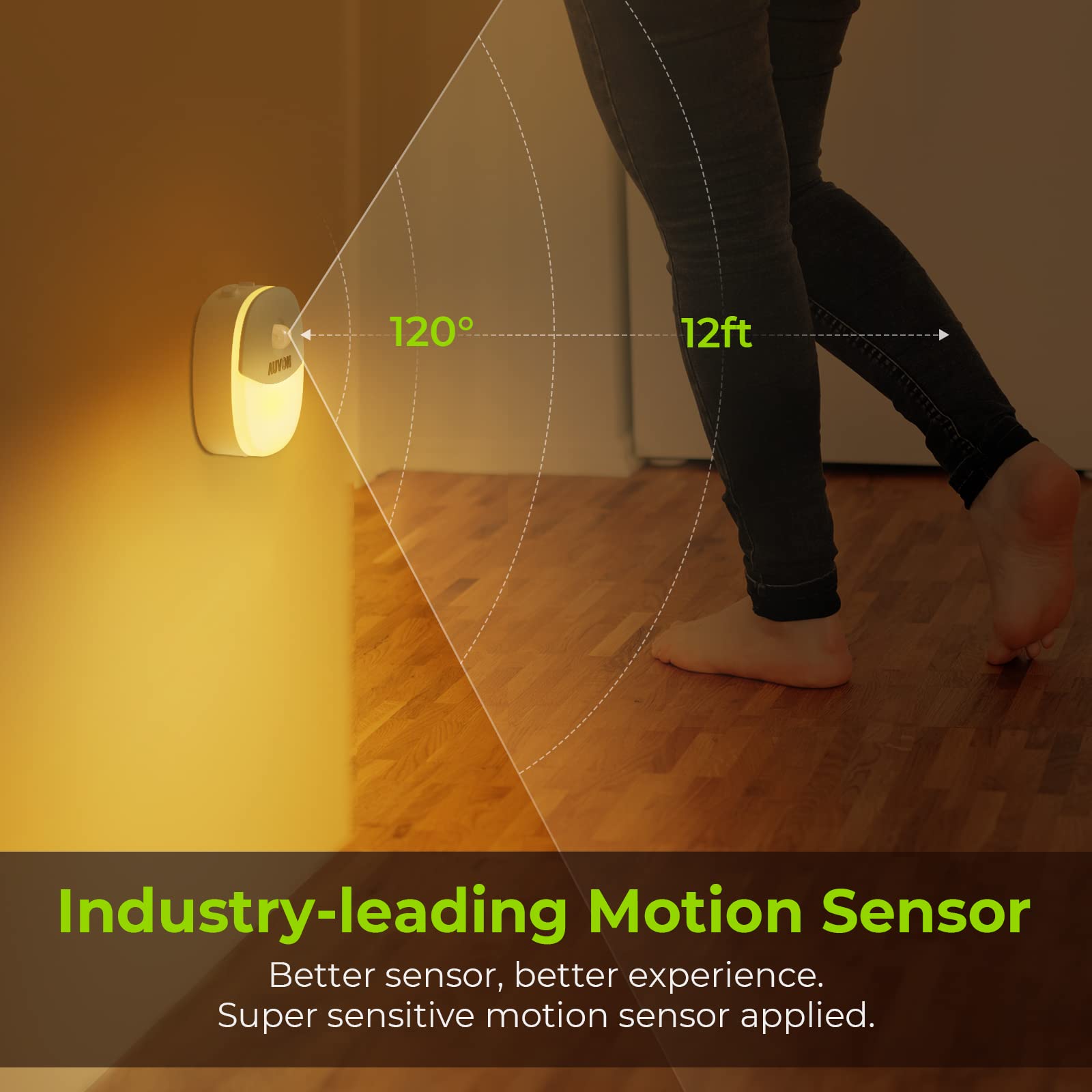 AUVON night light with adhesive pad on wall showing secure, no-drill mounting benefit