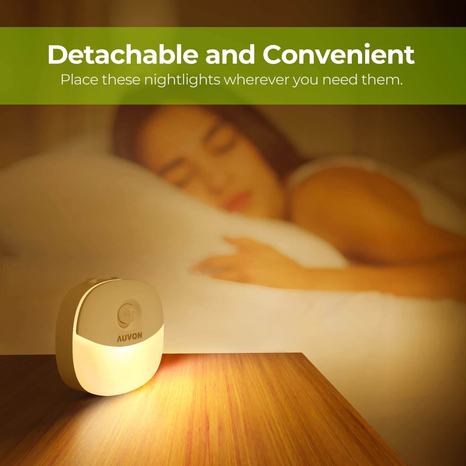 AUVON night light with USB cable connected illustrating quick rechargeable convenience