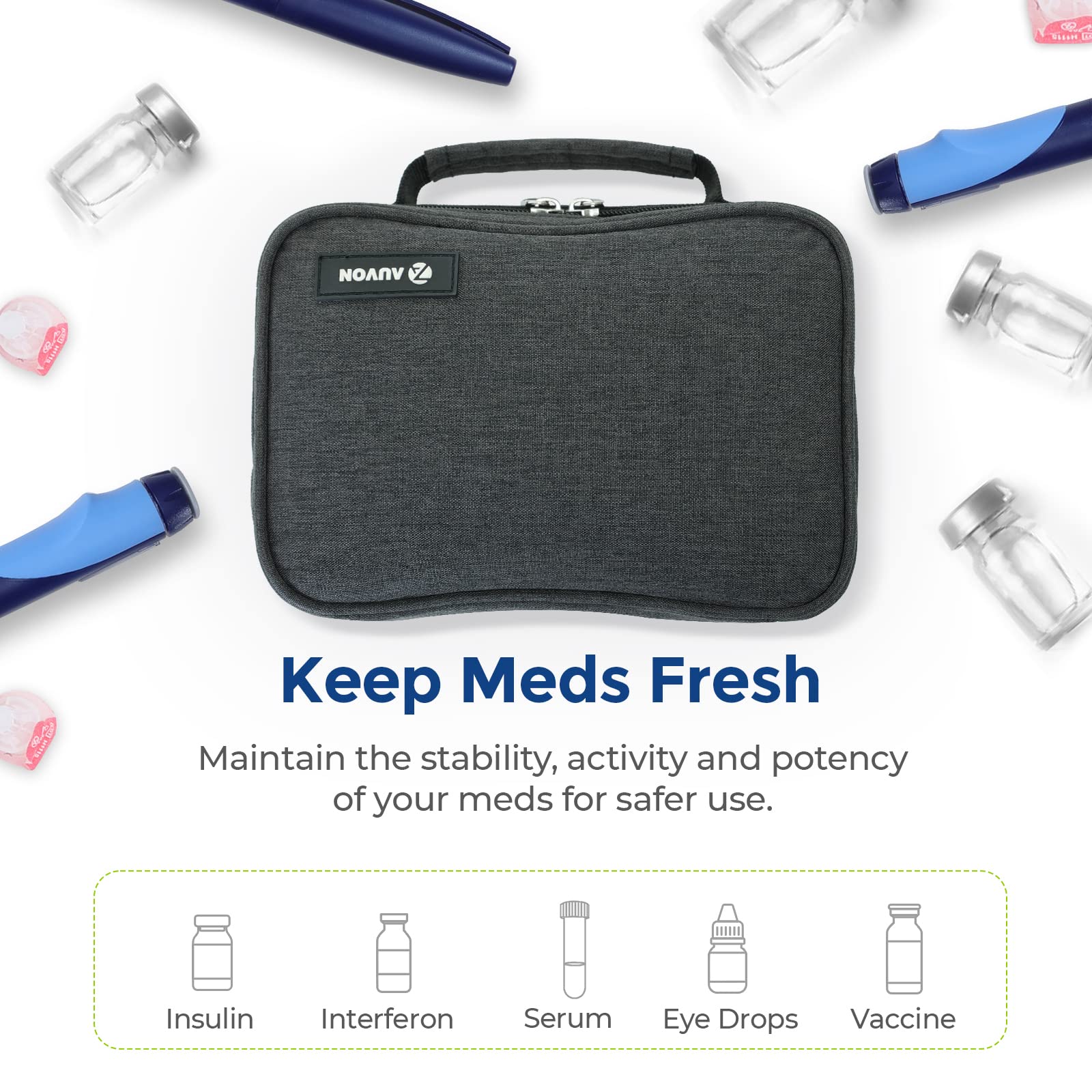AUVON cooler packed with multiple pens, needles, and supplies for organized storage