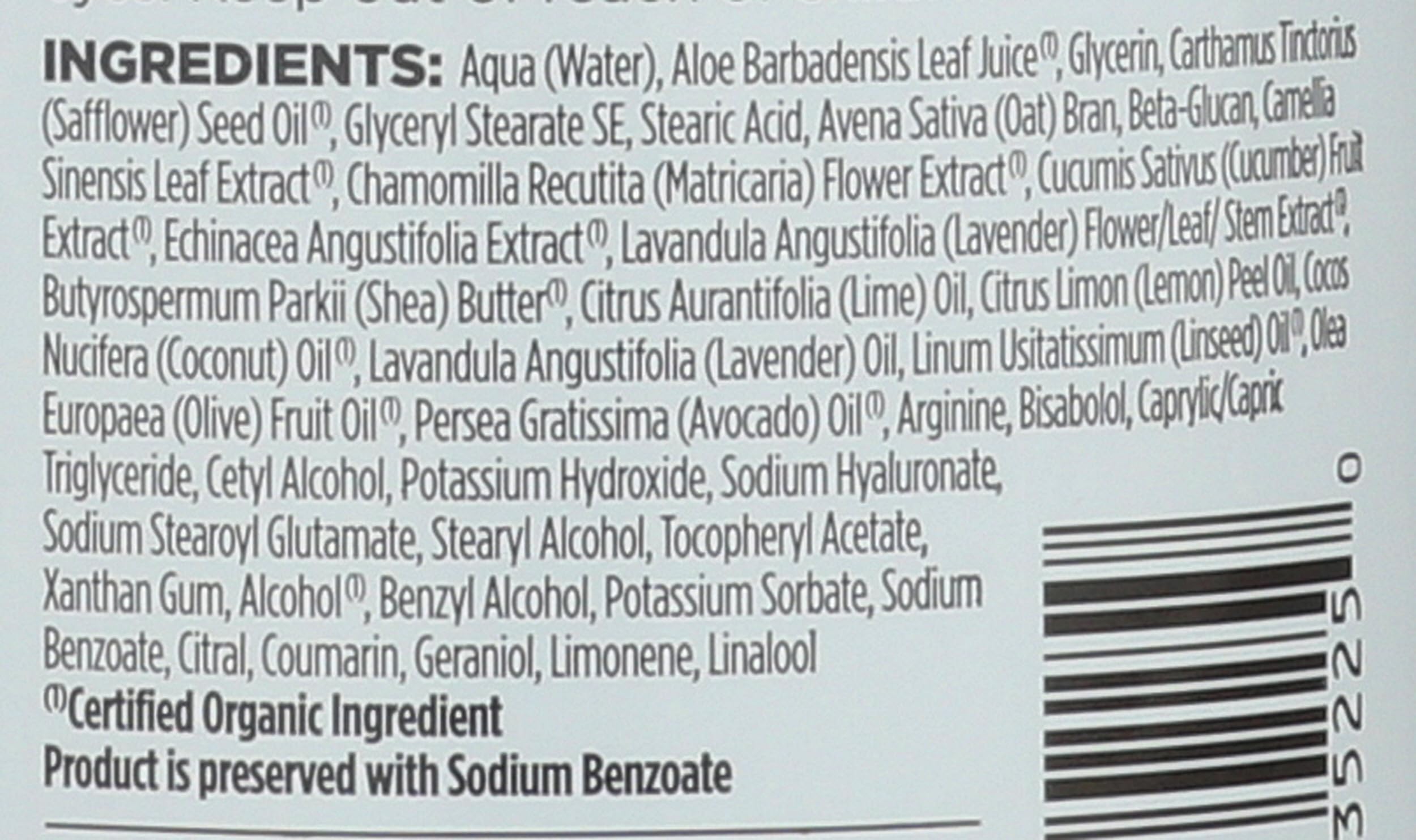 Avalon Organics ingredient label highlighting organic botanicals and no parabens