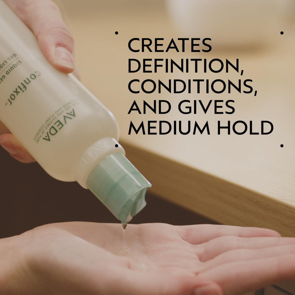 Aveda Confixor pump and cap detail highlighting easy dispensing benefit