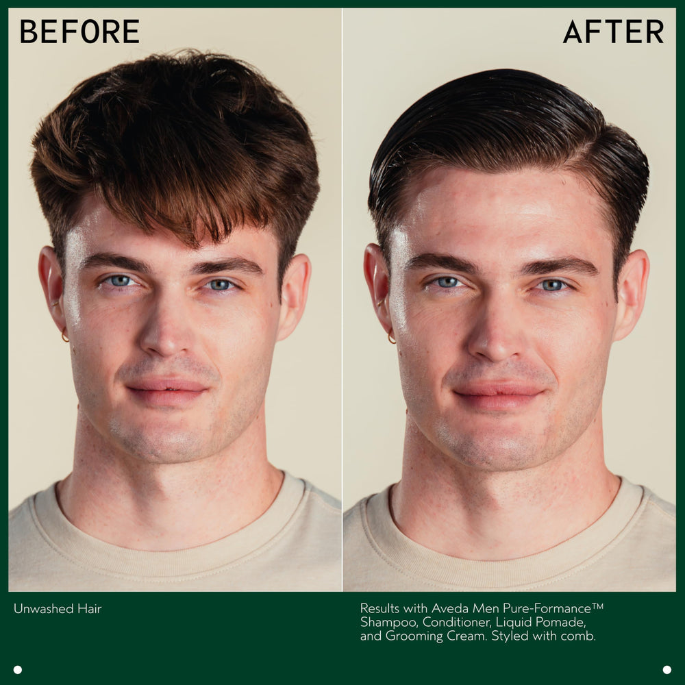 Aveda Men grooming cream applied to damp hair demonstrating conditioning and workable hold while styling