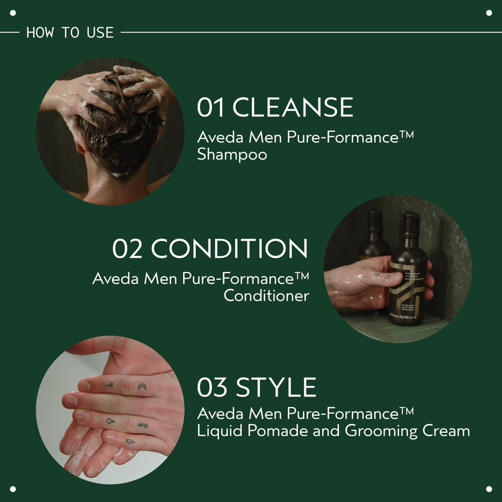Aveda Men ingredient label closeup highlighting 94% naturally derived formula for cleaner grooming