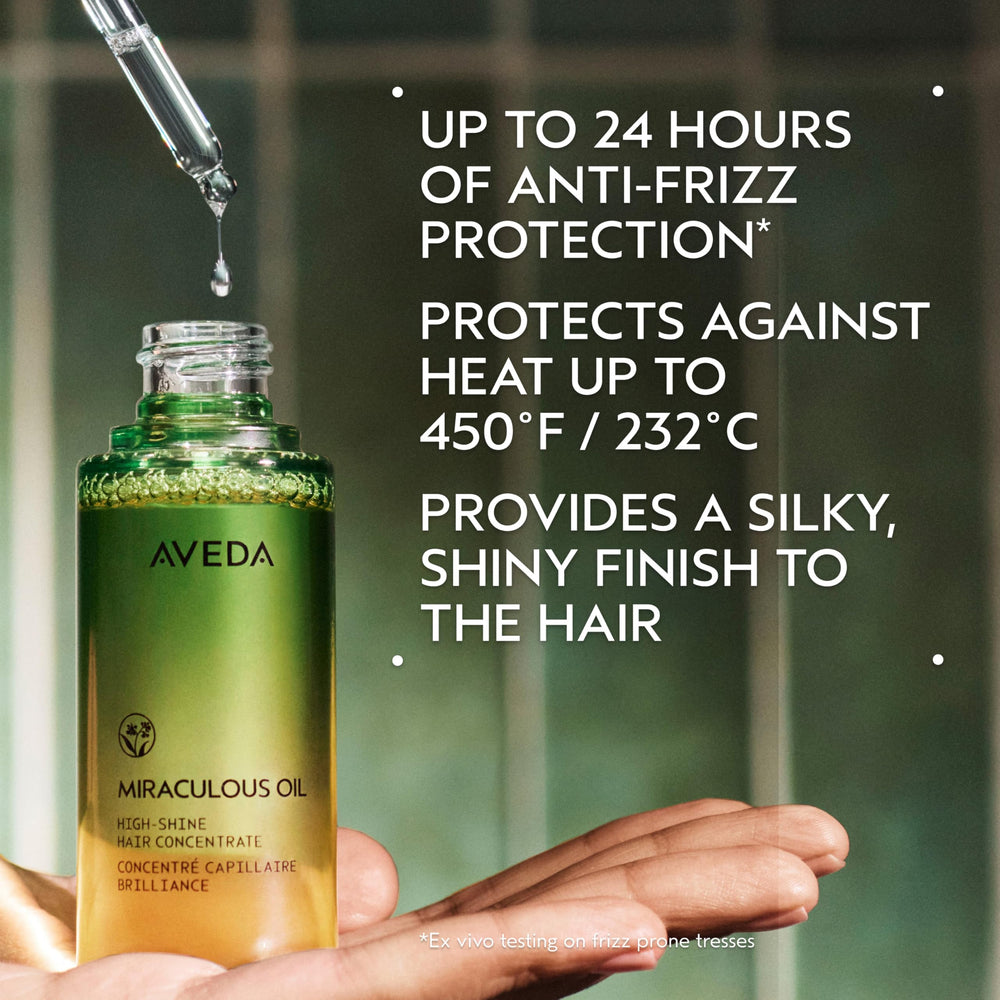 Aveda Miraculous Oil close-up label highlighting botanicals benefit: transparency of ingredients