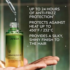 Aveda Miraculous Oil close-up label highlighting botanicals benefit: transparency of ingredients