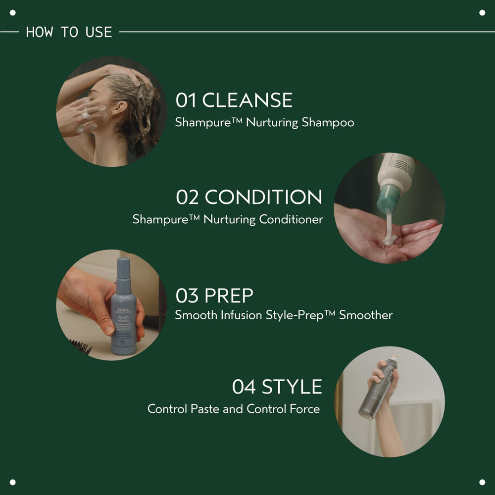 Application of Aveda Shampure in shower on damp hair, improves detangling