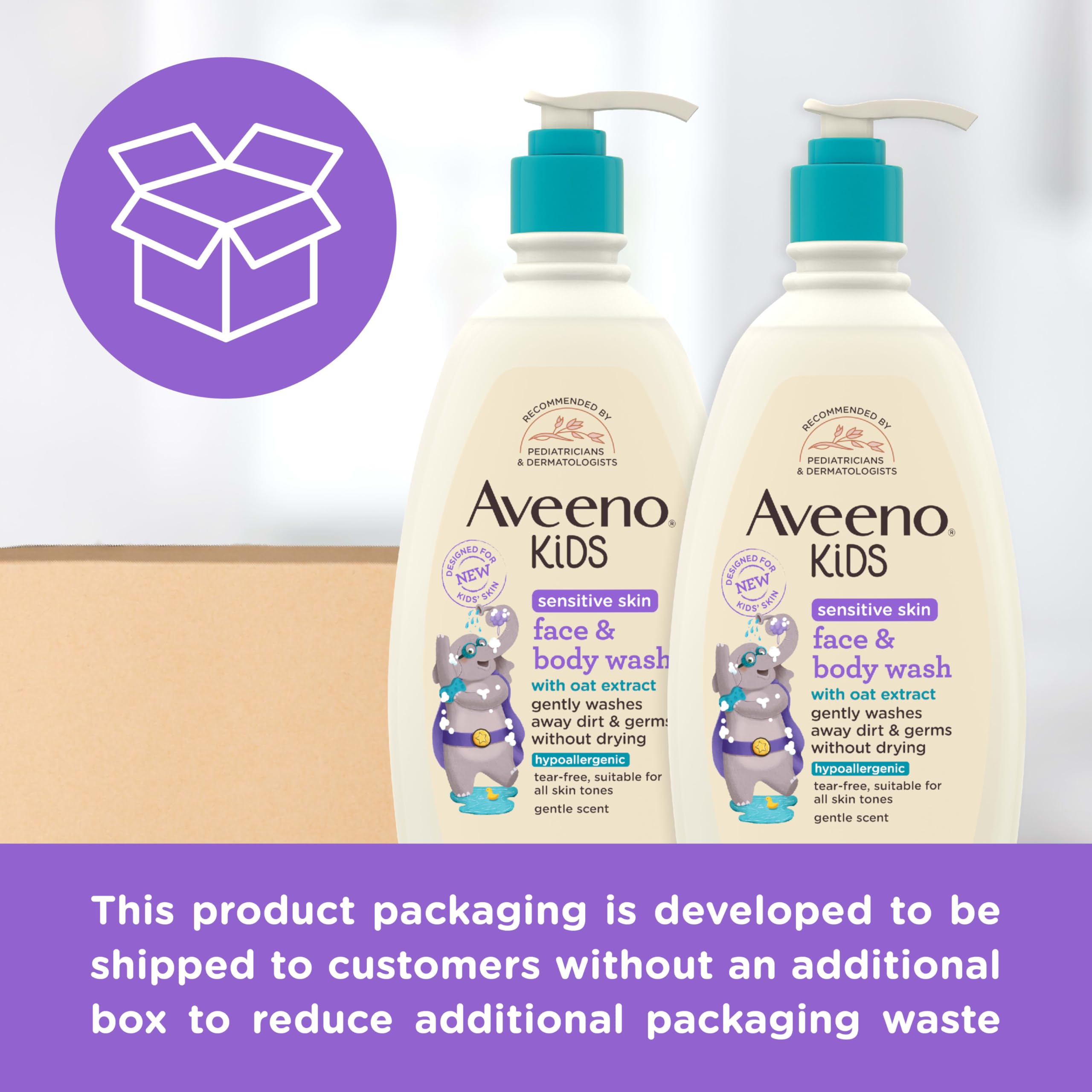 Bottle beside measuring cup showing Aveeno Baby 18 fl oz scale for convenience benefit