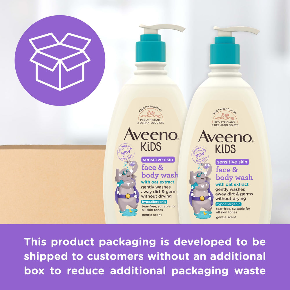 Bottle beside measuring cup showing Aveeno Baby 18 fl oz scale for convenience benefit