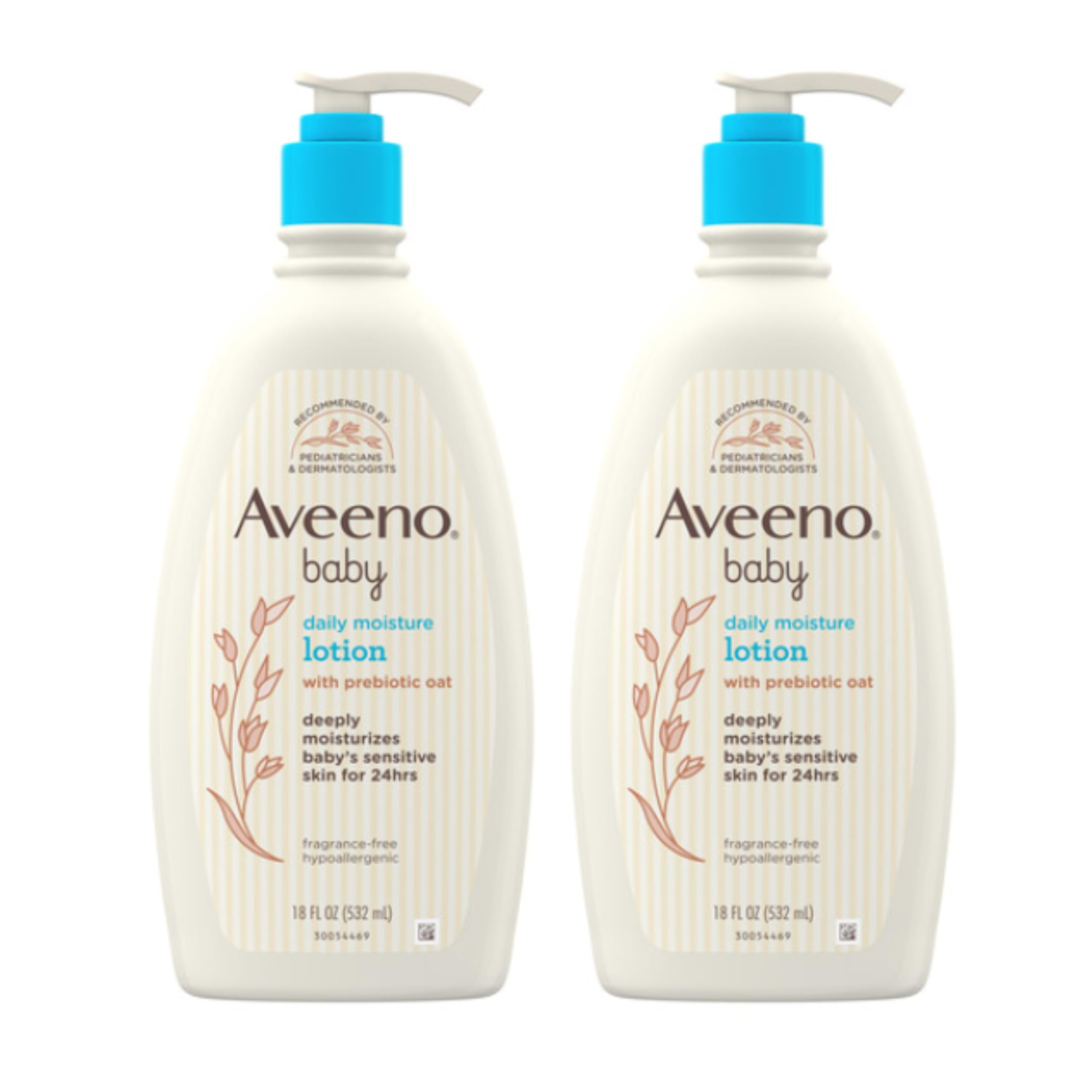 Aveeno Baby front packaging showing twin 18 fl oz bottles and gentle formula benefit