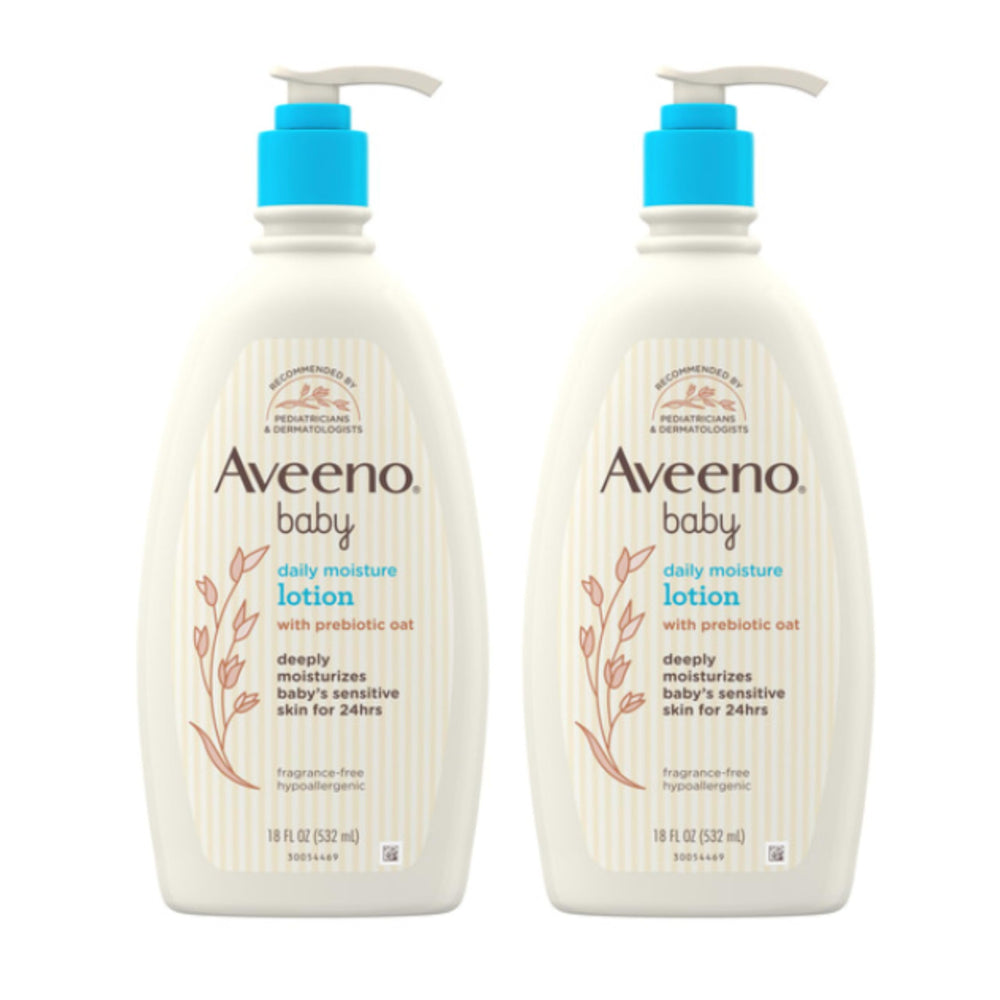 Aveeno Baby front packaging showing twin 18 fl oz bottles and gentle formula benefit