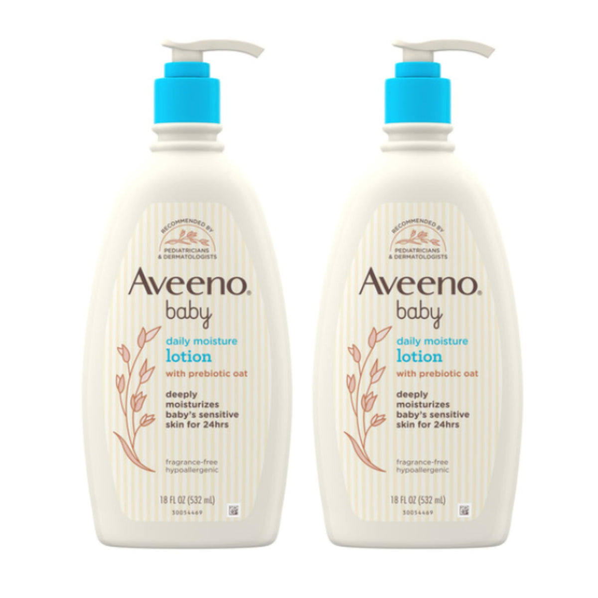 Aveeno Baby front packaging showing twin 18 fl oz bottles and gentle formula benefit