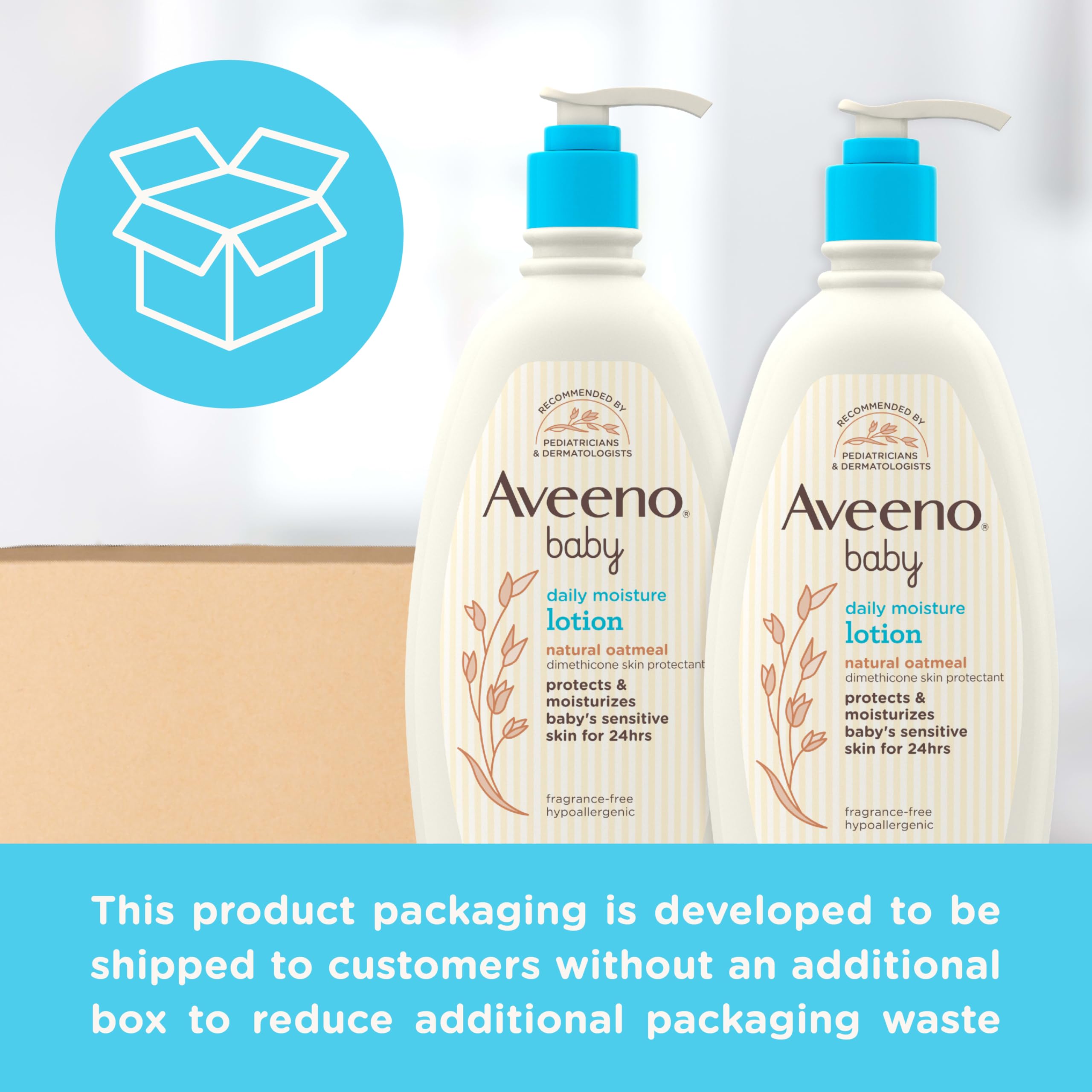 Aveeno Baby applying lotion on infant arm for 24-hour hydration and comfort