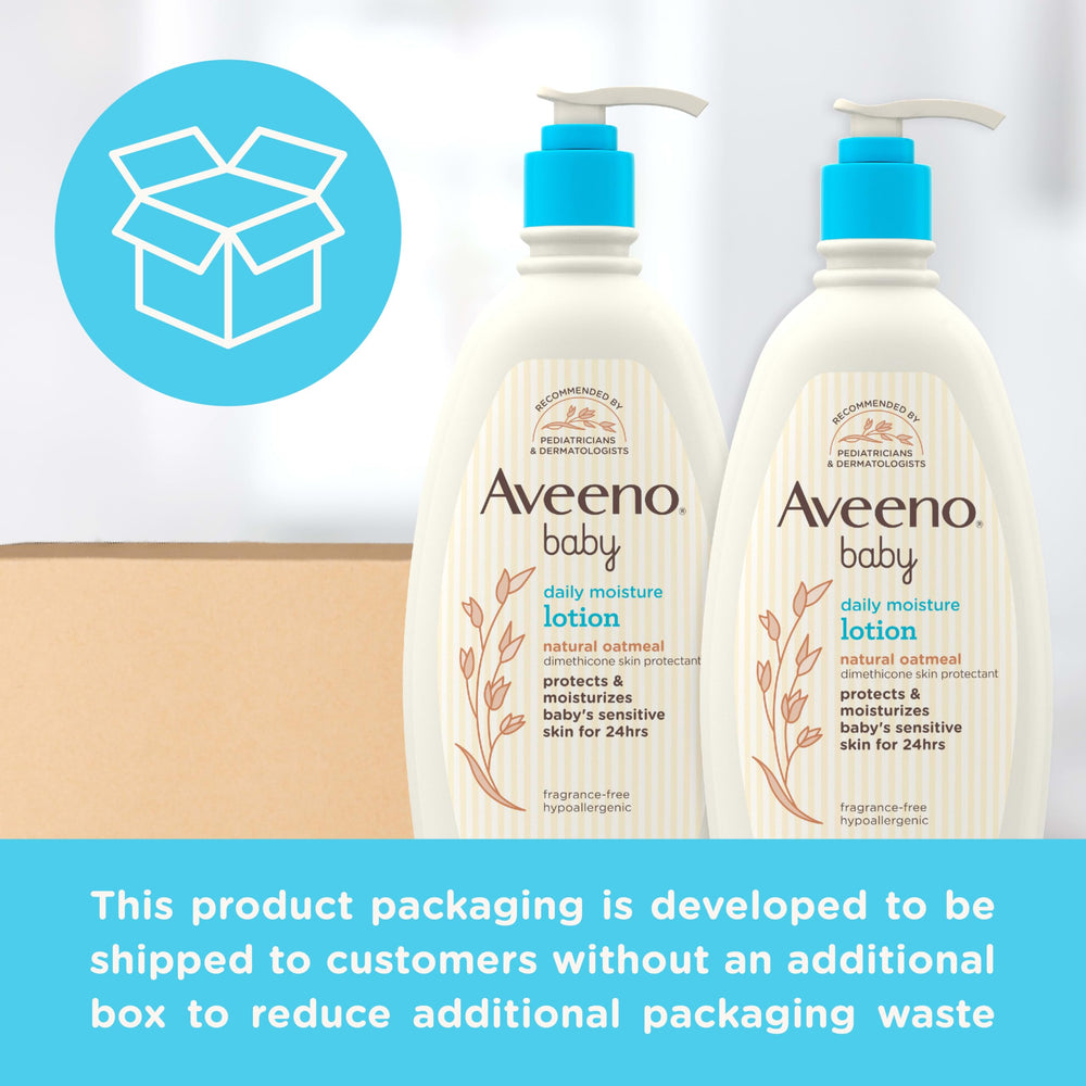 Aveeno Baby applying lotion on infant arm for 24-hour hydration and comfort