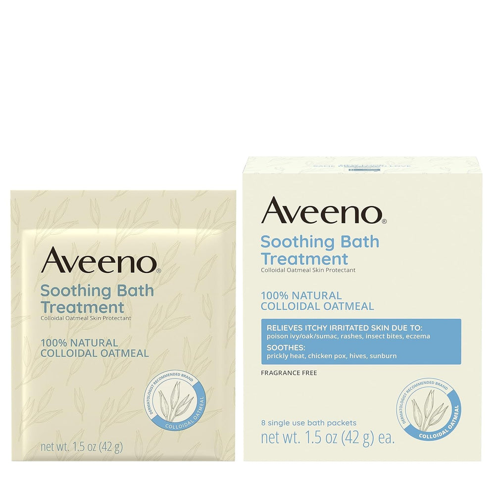 aveeno bath powder texture poured on palm illustrating natural colloidal oatmeal benefit