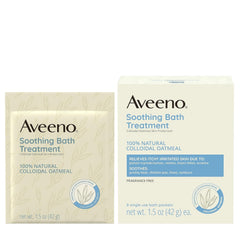aveeno bath powder texture poured on palm illustrating natural colloidal oatmeal benefit