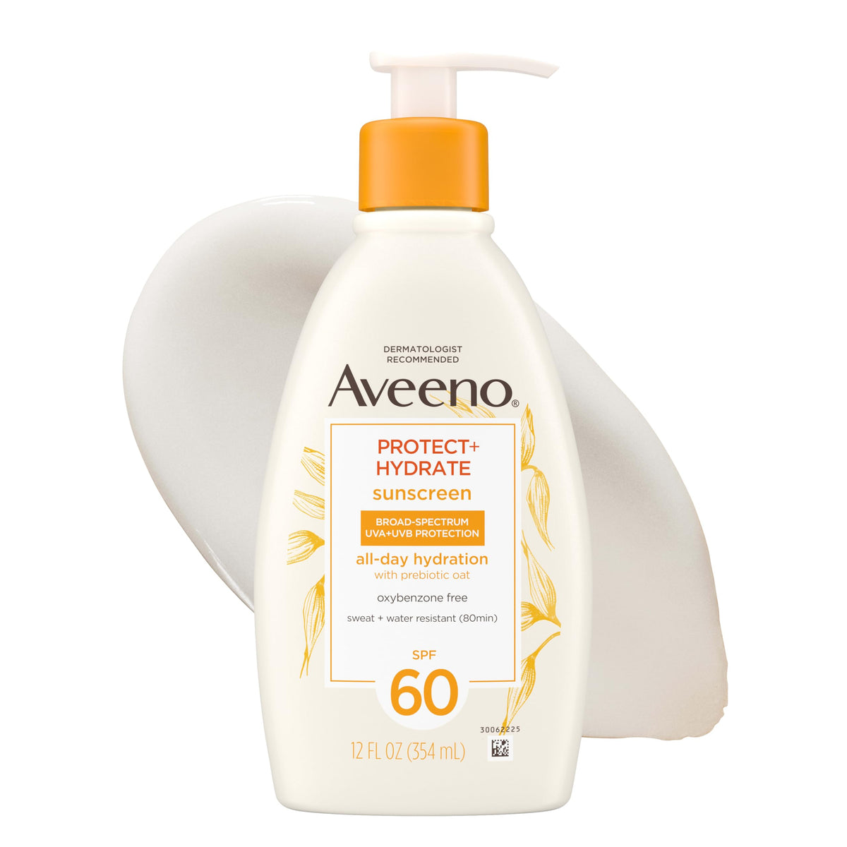 Aveeno bottle front view showing Protect + Hydrate SPF 60 for easy dispensing