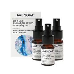 Avenova front packaging three-pack showing travel-size bottles and label benefits