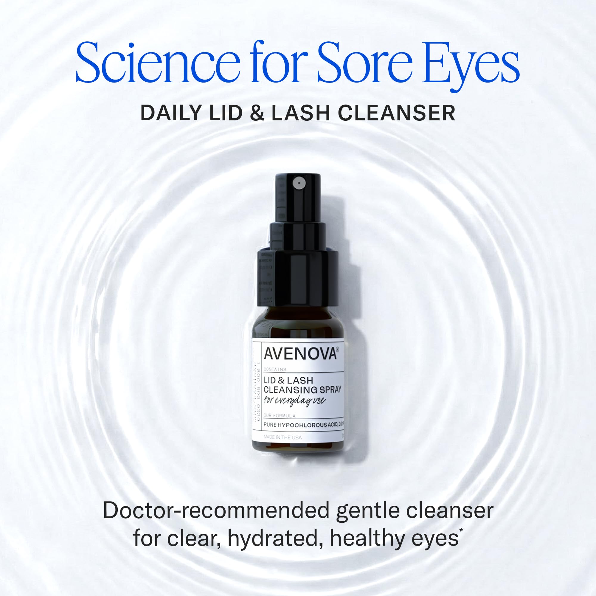 Avenova glass bottle close-up highlighting stable packaging and clear formula