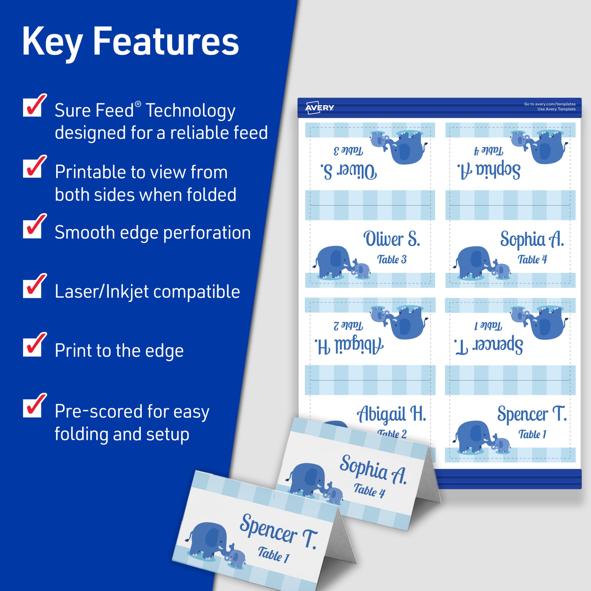 Avery 5302 folded tent card in use on a product display table