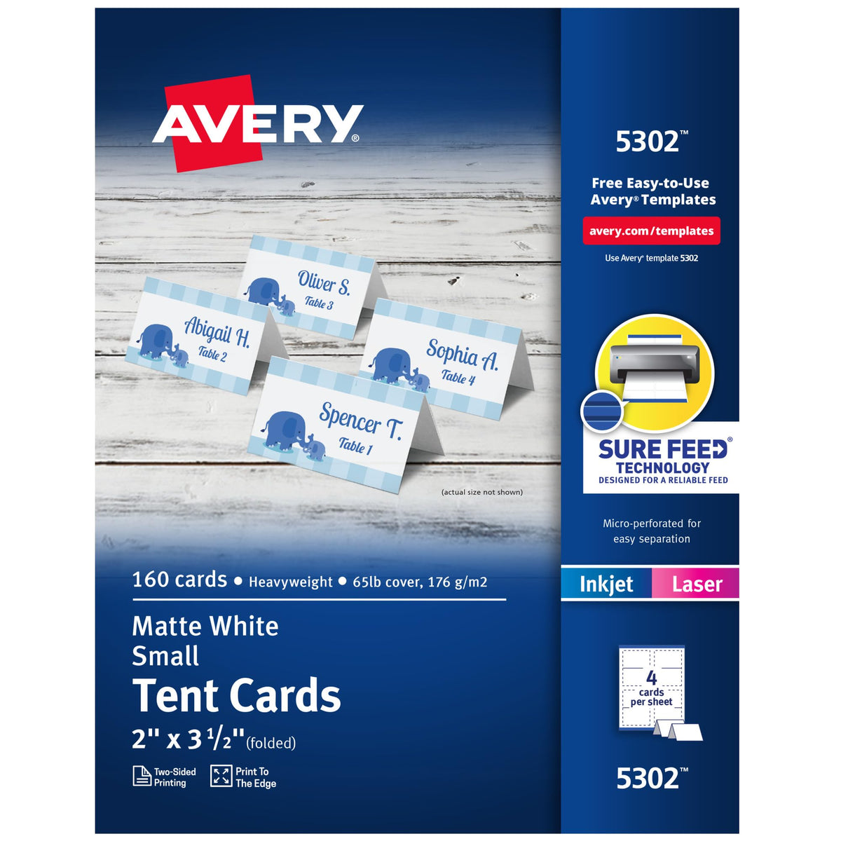 Avery 5302 front packaging showing 160 blank tent cards for events
