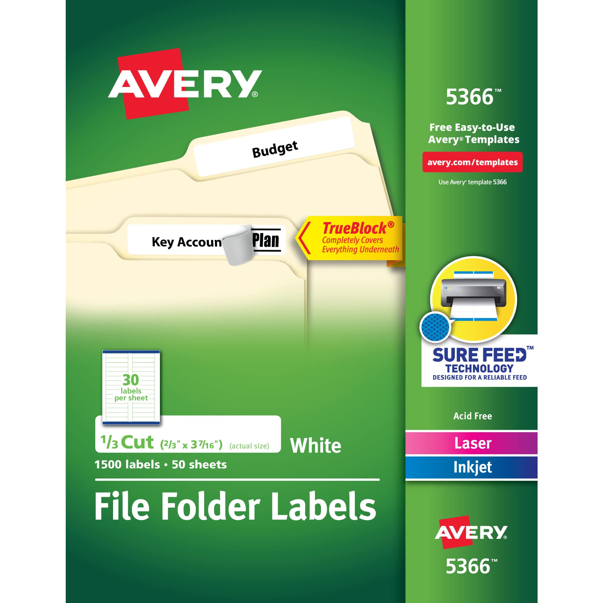 Avery front packaging showing quantity and label size for easy selection