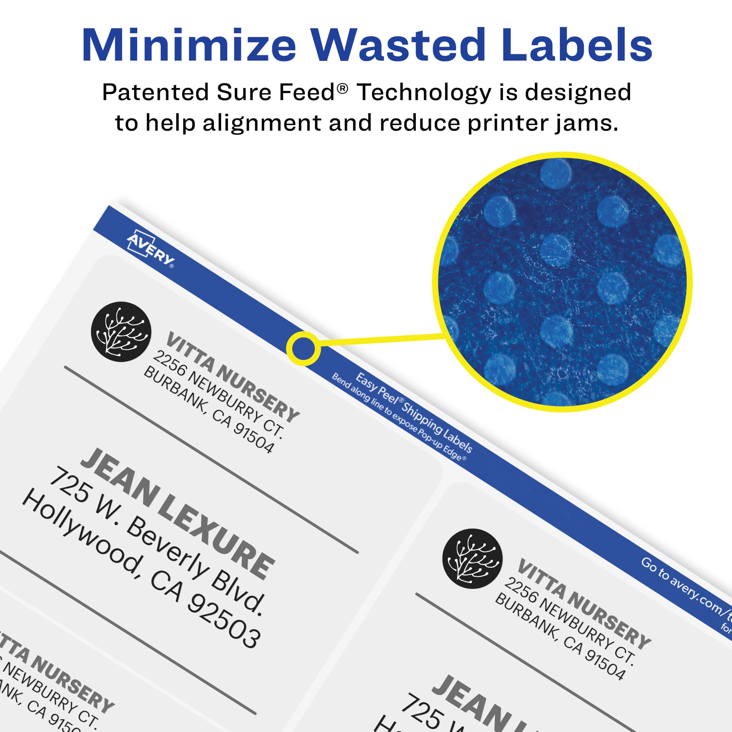 Avery sheet close-up textured surface for crisp laser printing benefit