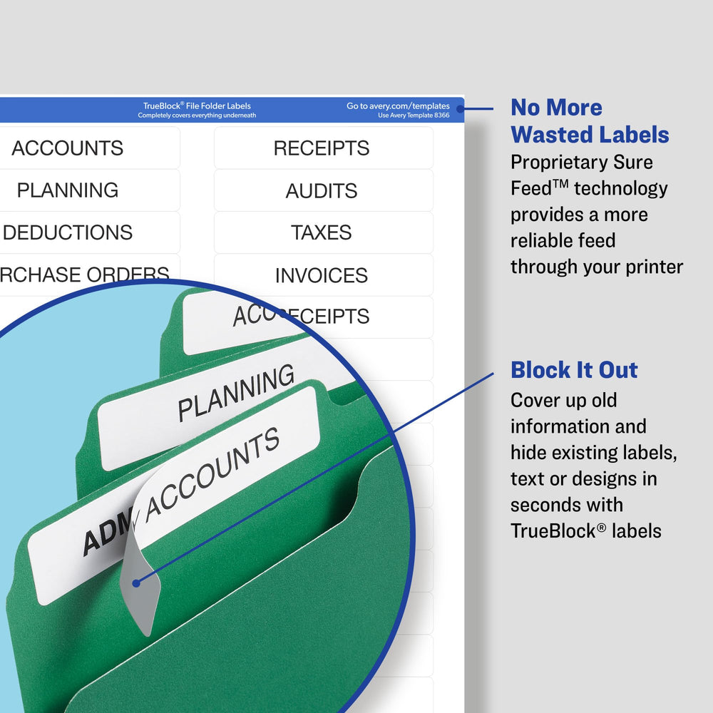 Avery label applied to folder tab, showing neat identification and reuse