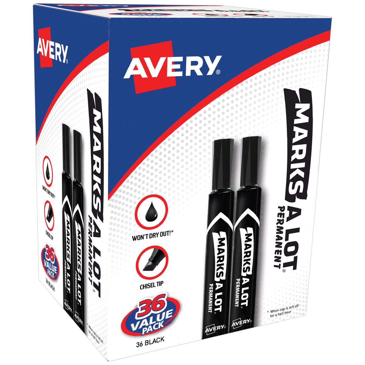 Avery front packaging showing 36 black markers for bulk supply