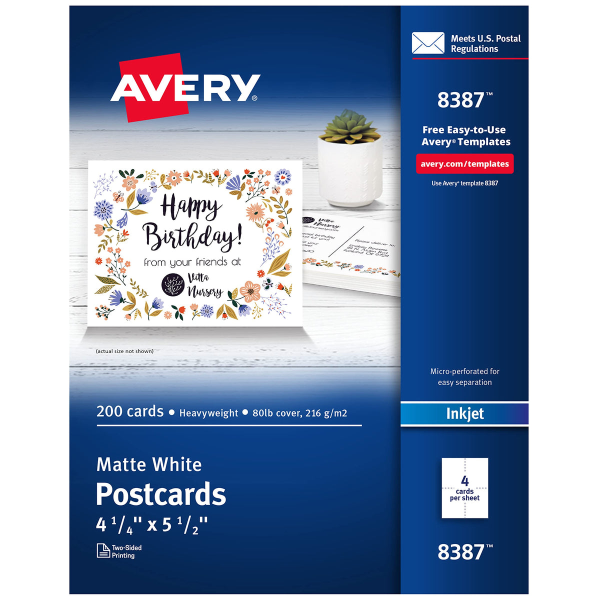 Avery postcard front view showing clean printable surface and design potential