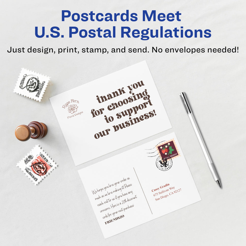 Avery postcards sheet layout with four cards per 8.5x11 sheet for efficient printing