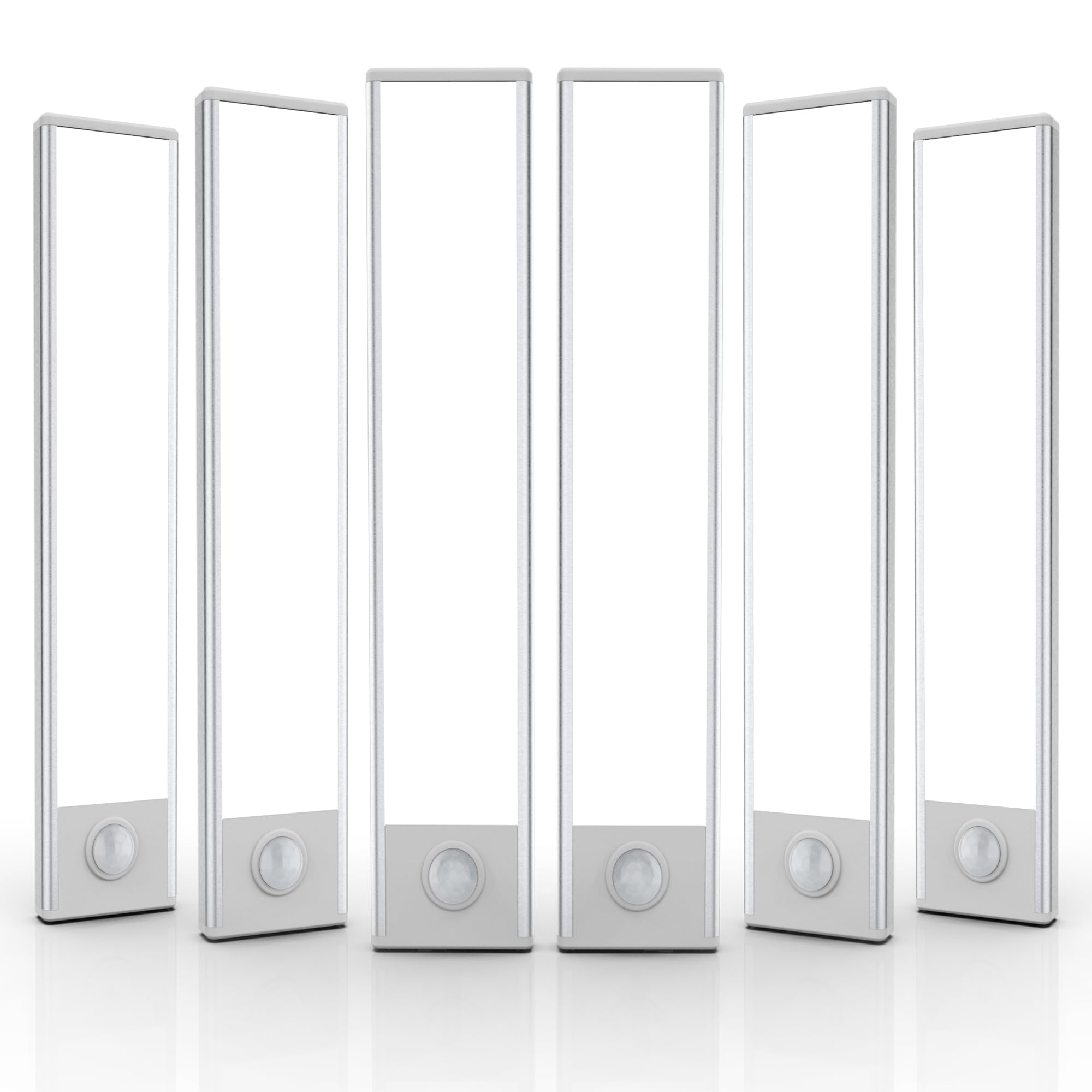 AVEVA front view of six white LED under-cabinet lights showing clean design and bright output