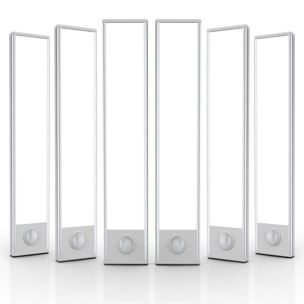 AVEVA front view of six white LED under-cabinet lights showing clean design and bright output