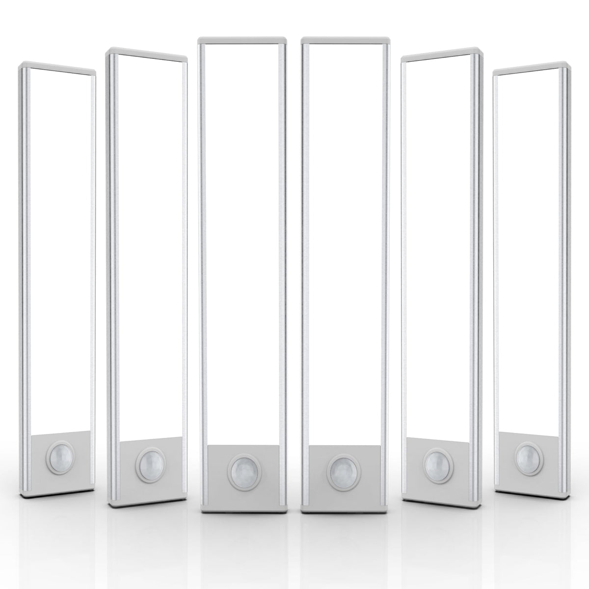 AVEVA front view of six white LED under-cabinet lights showing clean design and bright output