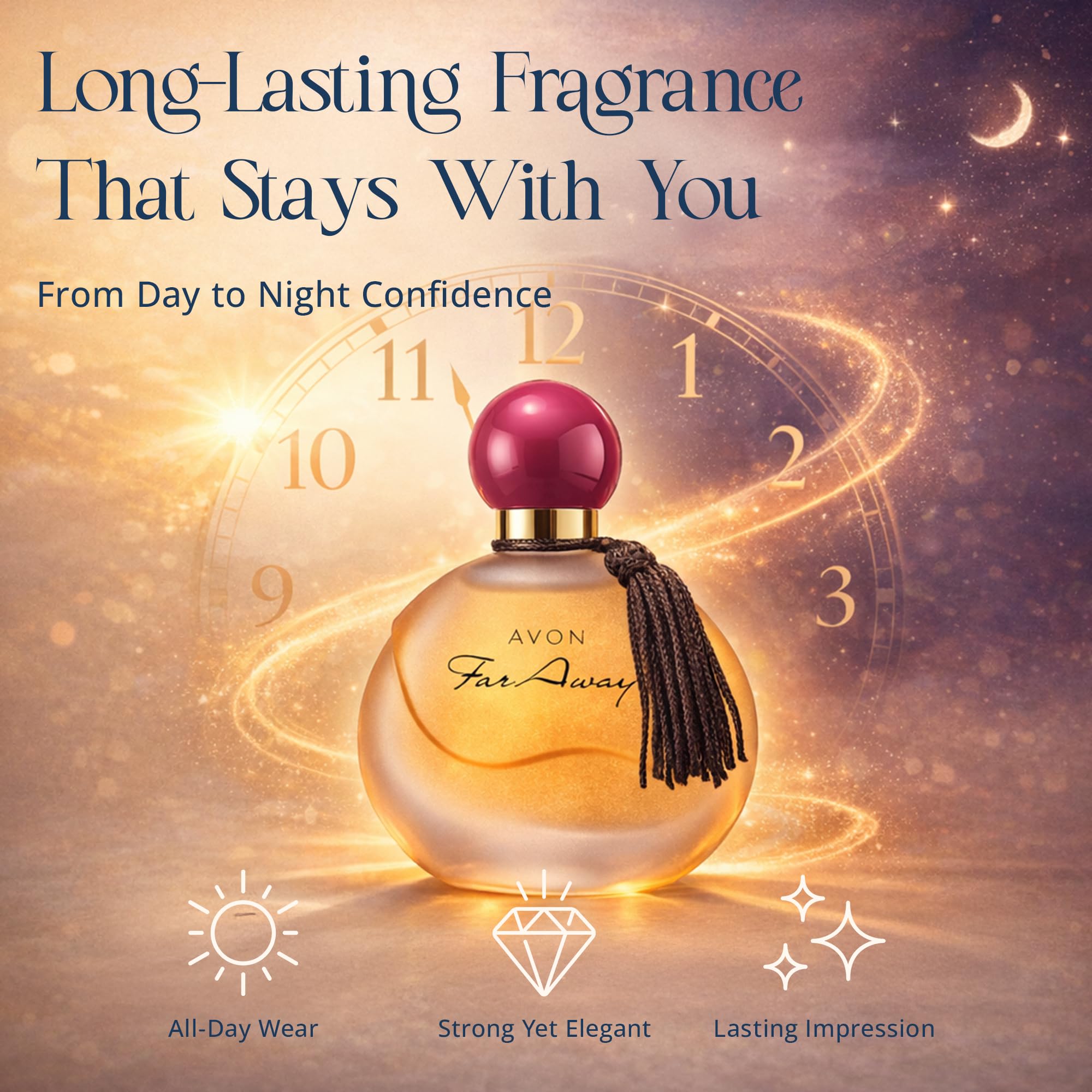 AVON Far Away bottle next to a common object to show the 1.7 oz size benefit
