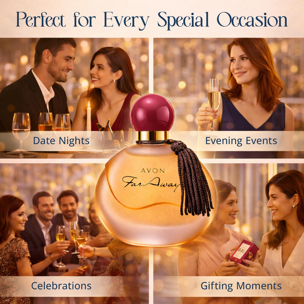 AVON Far Away perfume close-up of liquid color and texture suggesting richness