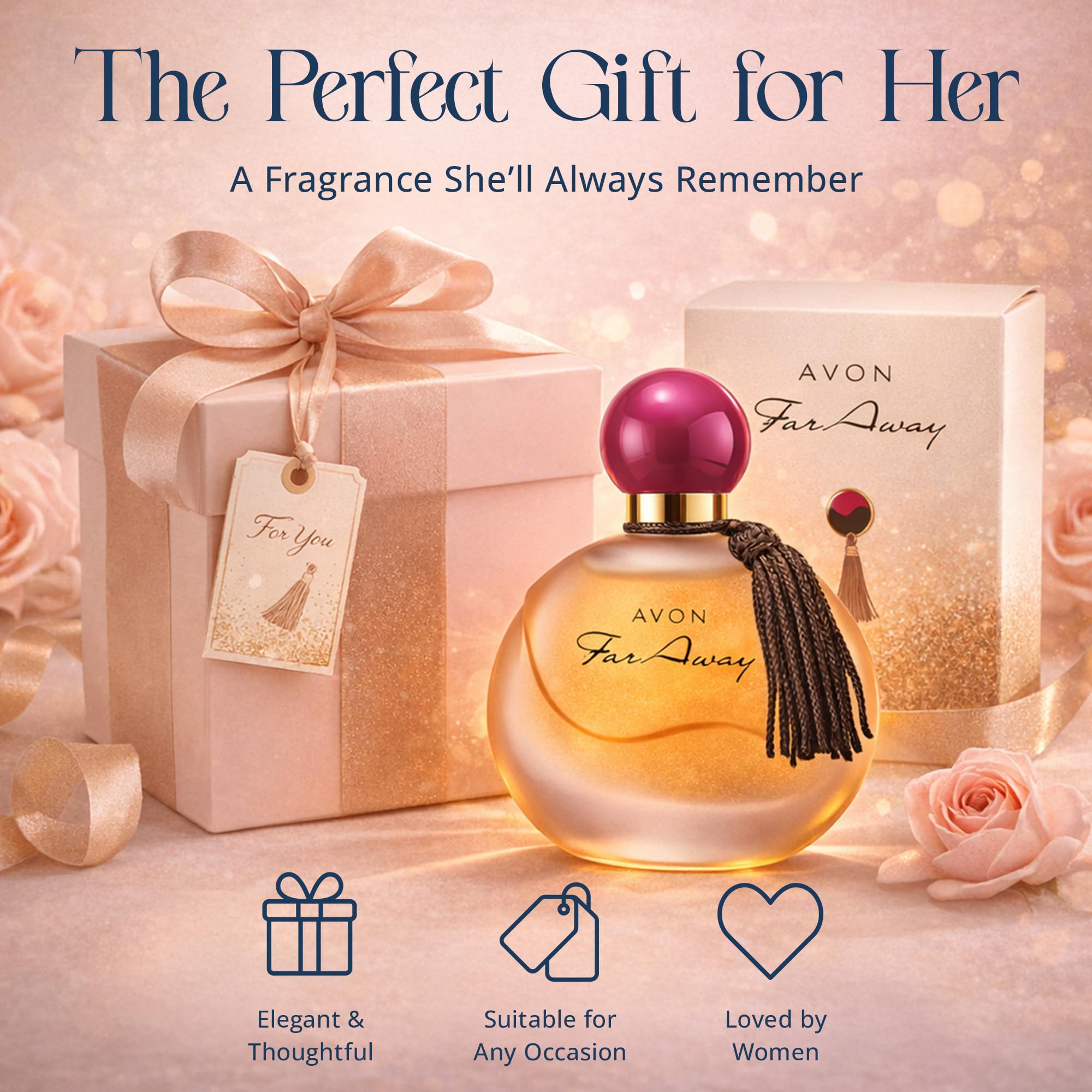 AVON Far Away ingredient concept graphic indicating floral and amber character