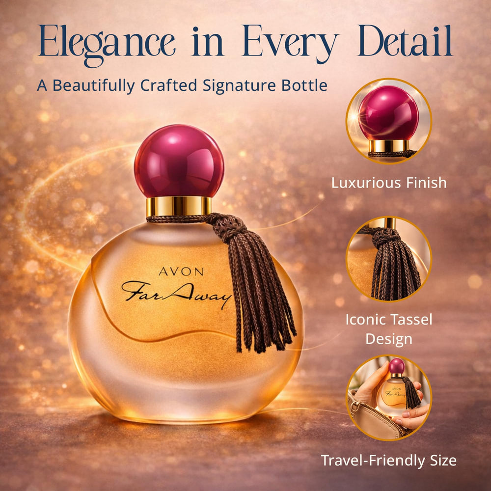 AVON Far Away on a vanity with accessories showing how it elevates a dressing table