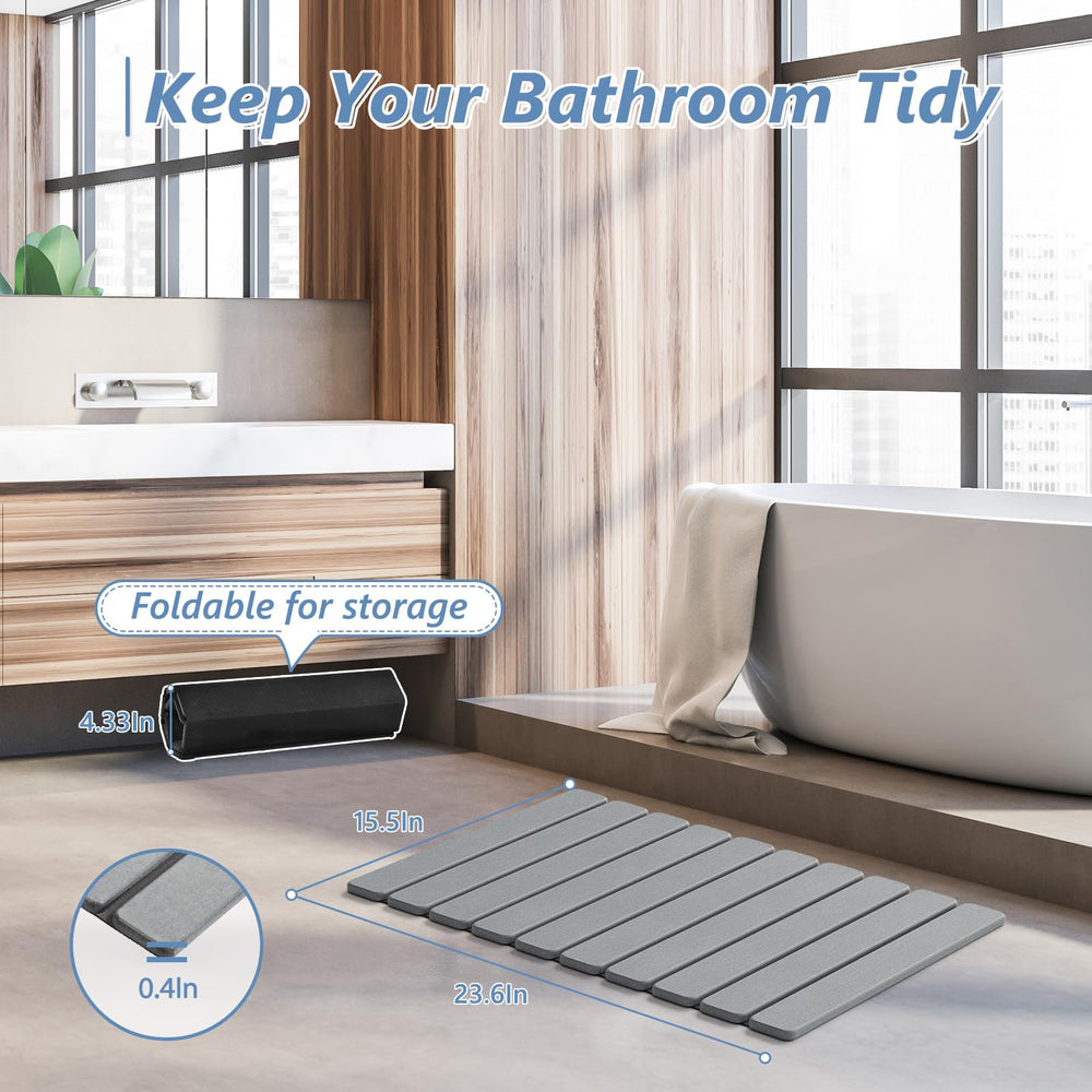 AWW mat placed by shower in bathroom setting promoting hygiene