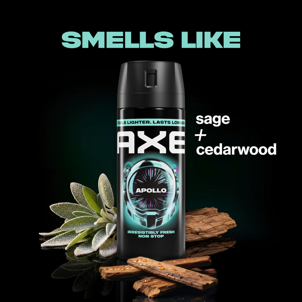 AXE Apollo closeup label highlighting scent notes and benefit of fresh, clean aroma