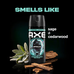 AXE Apollo closeup label highlighting scent notes and benefit of fresh, clean aroma