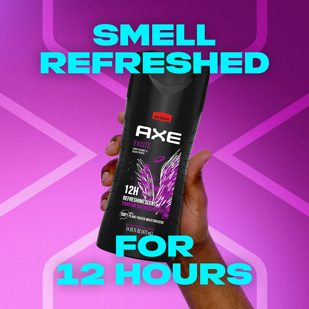 AXE bottle beside loofah in shower illustrating easy lathering benefit