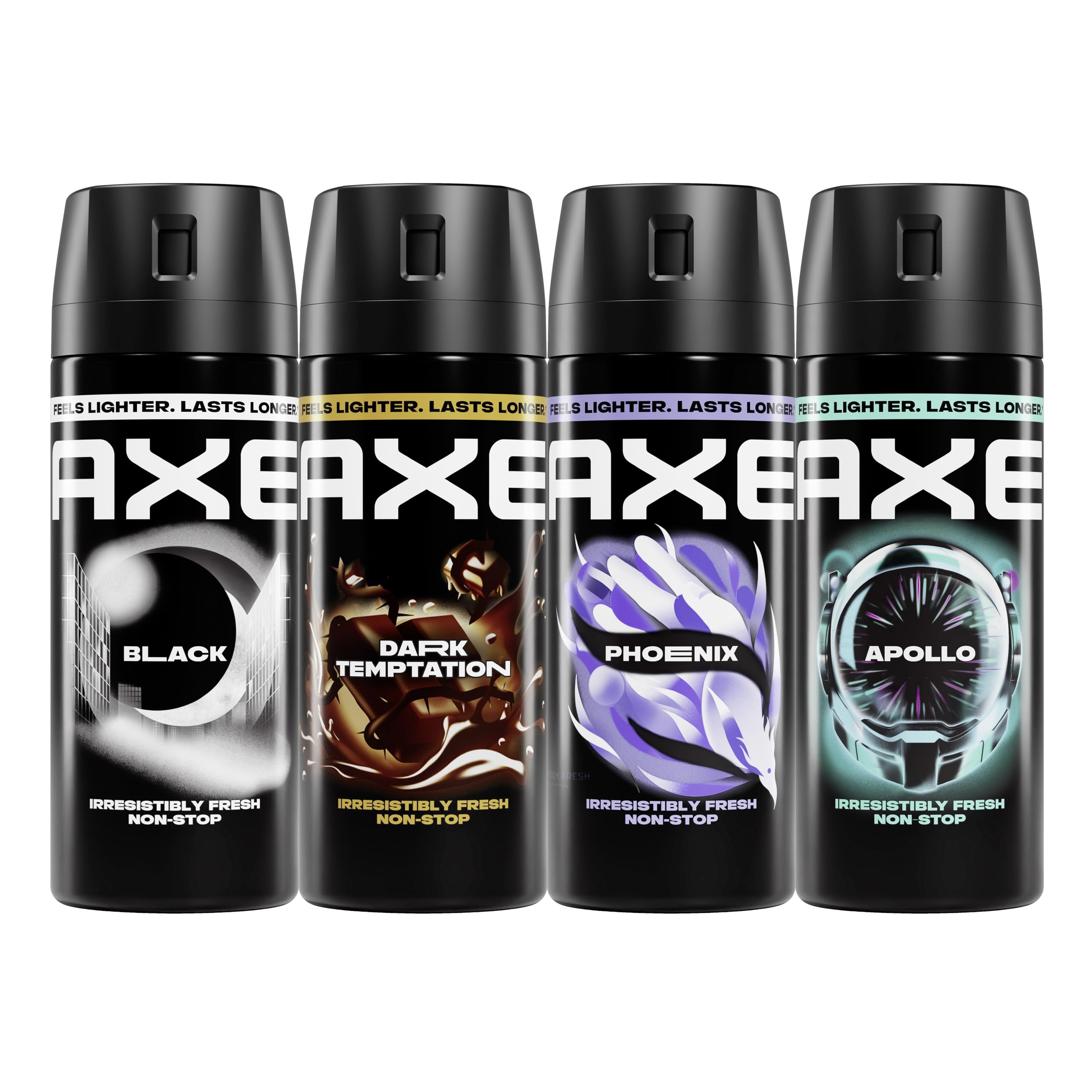 AXE four pack front view showing all four cans and packaging for quick selection