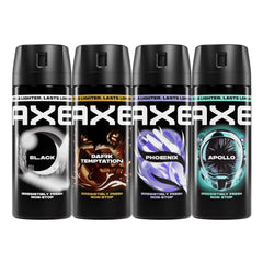 AXE four pack front view showing all four cans and packaging for quick selection